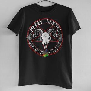 Merry Hexmas Seasons Curses Unisex Handcrafted Black Tee With Ram Skull Candle